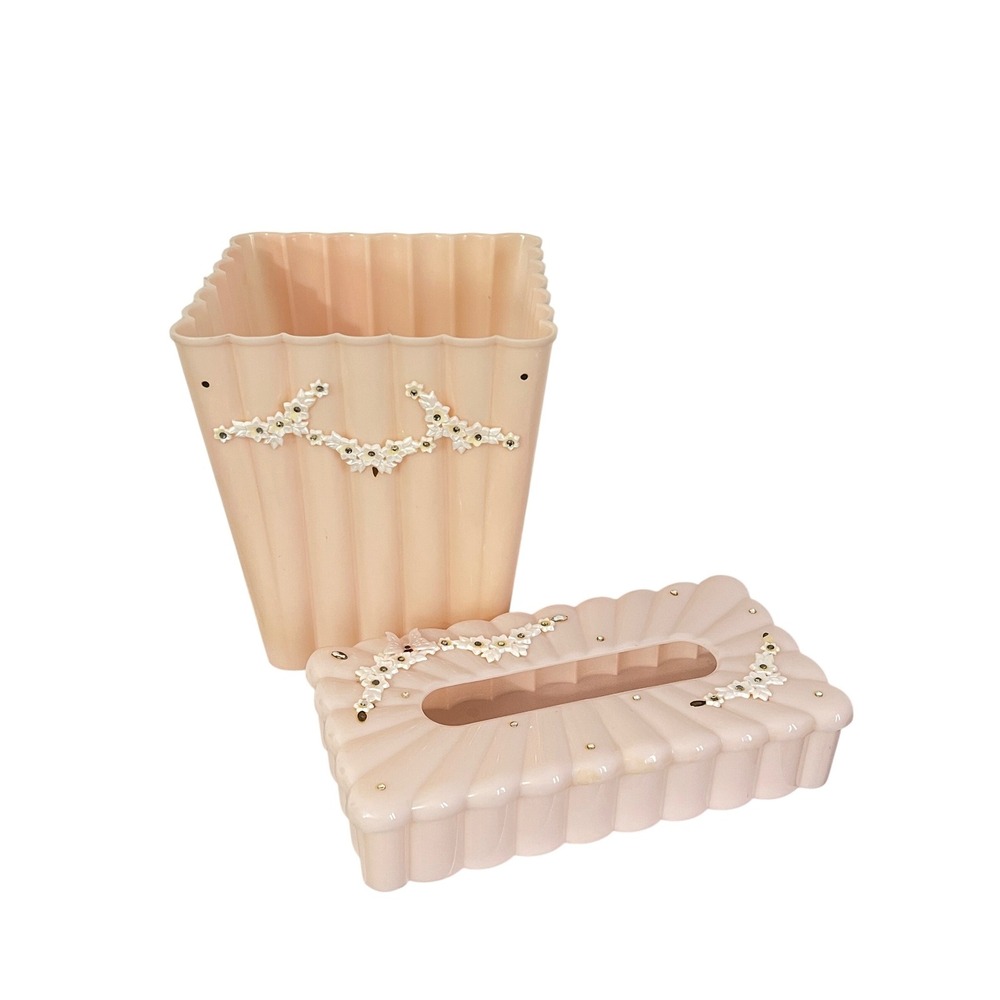 Vintage Menda Co Bathroom Set Wastebasket Tissue Box Peach Pink Floral Scalloped